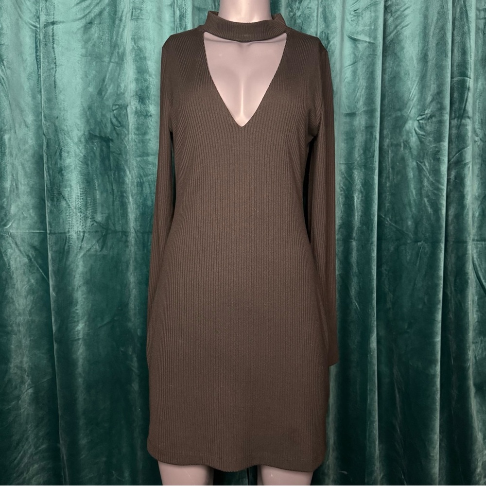 Urban Outfitters Fitted Ribbed Dress with V Neck Choker Style Neckline